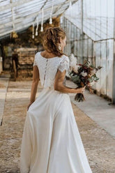 Ivory Chiffon Two Pieces Lace Top Short Sleeves Cheap Wedding Dresses